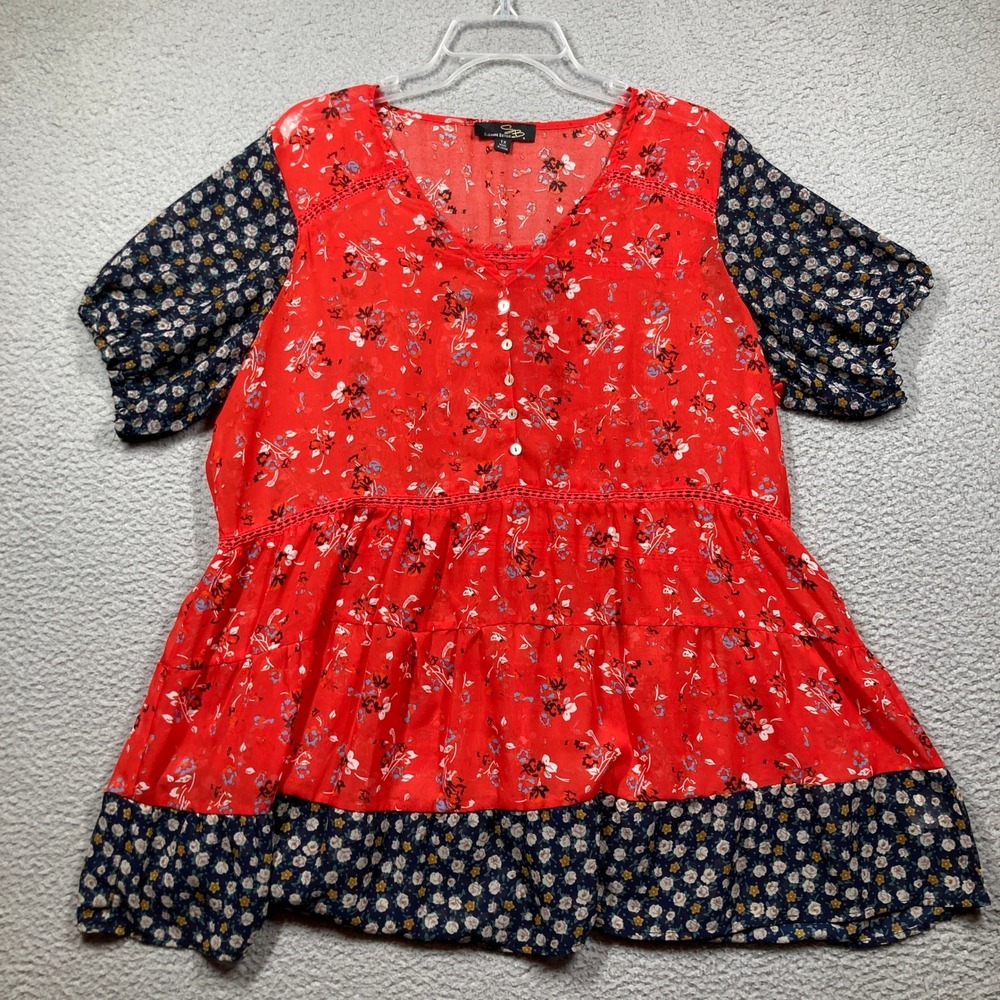Suzanne Betro Floral Print Tiered Ruffle Tunic Top Womens 1X Red Blue Sheer Boho